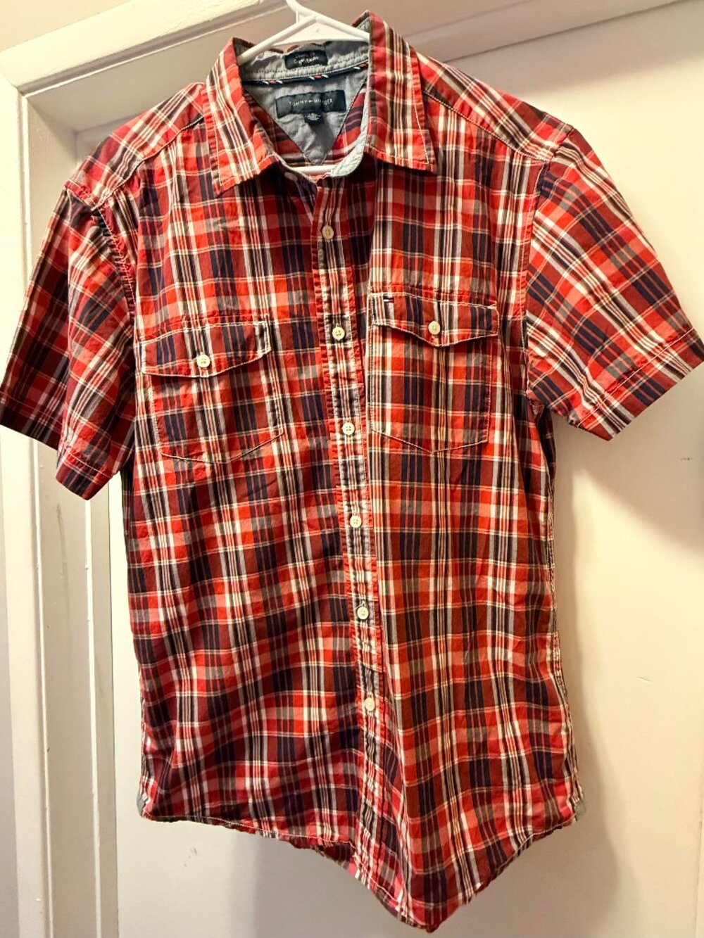 Tommy Hilfiger Men's Short-Sleeve Red, White and Blue Shirt, Size Large